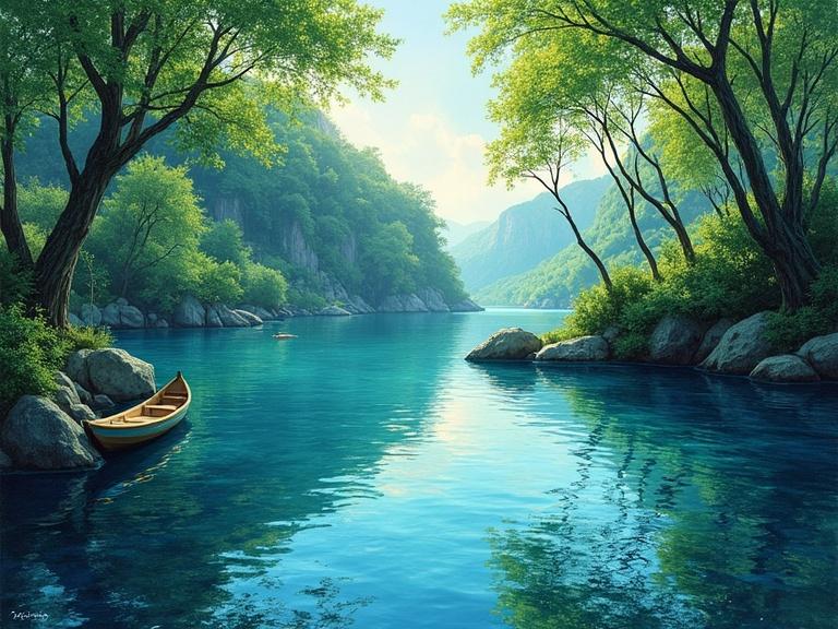 A serene oval lagoon reflects lush foliage in tranquil waters. The image features thick colorful impasto layers and smooth brushstrokes. The artistic style is neo-impressionism.