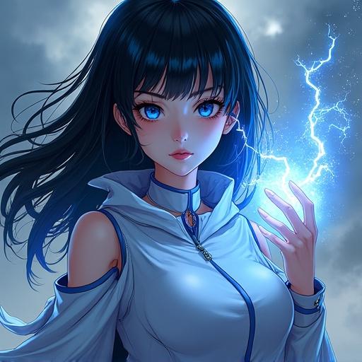 A girl dressed as a superhero stands with electricity crackling around her hand. She has long black hair and striking blue eyes. The background features a stormy sky with lightning. The art style is digital with a high degree of detail and aesthetic appeal. The scene contains volumetric lighting effects to enhance the magical feel.