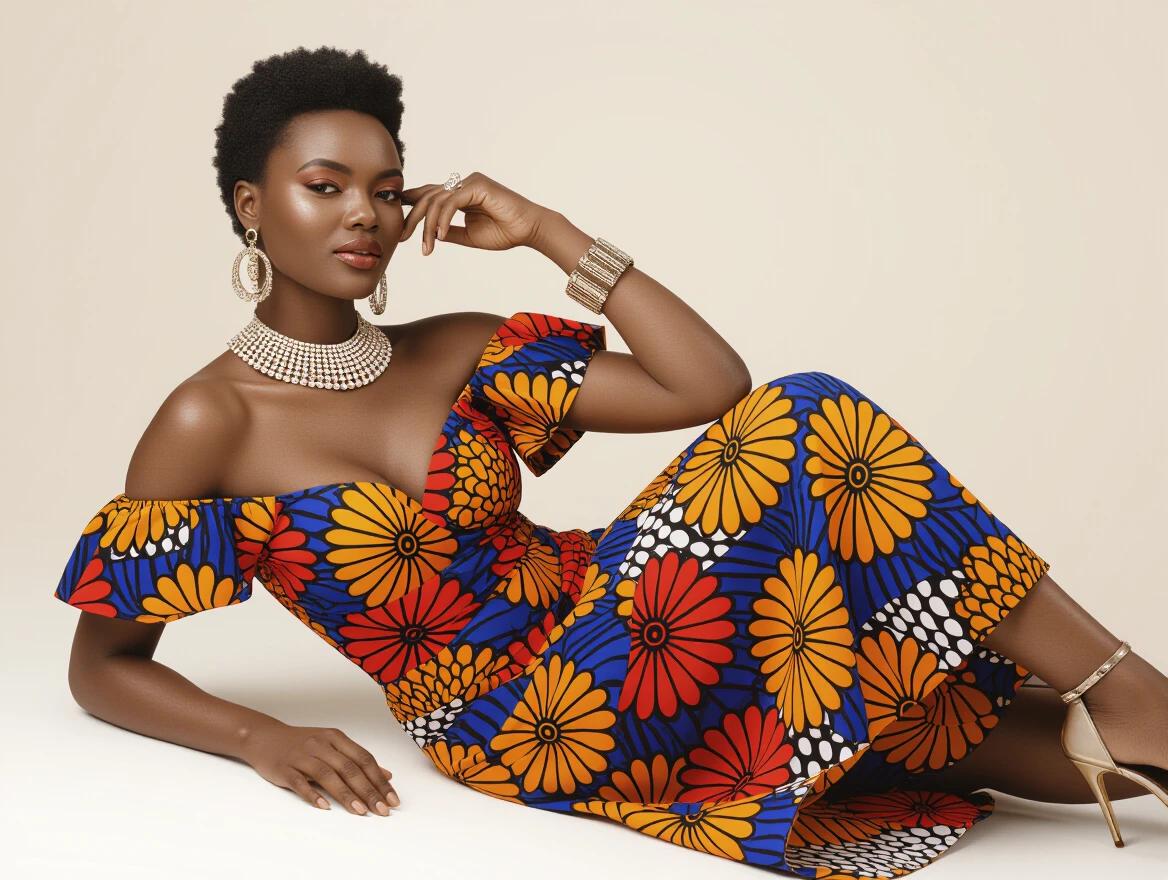 A stunning African model in glamorous attire featuring a vibrant patterned dress and high heels. Accessories include bold earrings and an elaborate necklace. The pose is elegant and confident, with a focus on beauty and fashion themes.