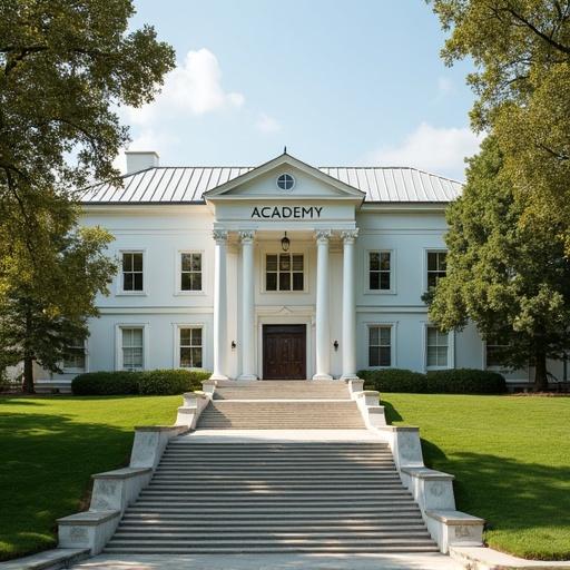 A hall-like architectural building with white walls. Brass sign reads Academy above a wide staircase leading inside. Surrounded by grassy fields and trees.
