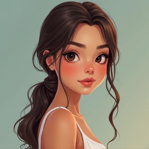 Realistic image of a girl with dark brown hair tied into a low ponytail. Features include tanned white skin, dark brown eyes, and thick eyebrows. She is wearing an elegant sundress.