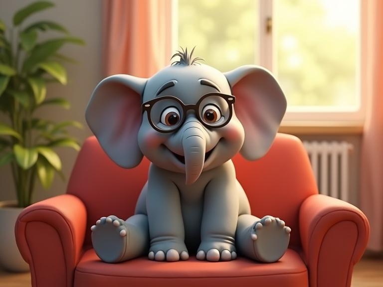 A shy happy elephant sits on a couch. Adorable anthropomorphic CGI cartoon chubby elephant wearing glasses. The background shows a sunny day through the windows.