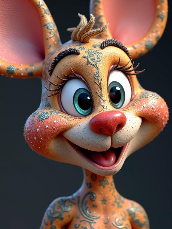 3D cartoon character featuring vibrant colors and intricate patterns. Character displays a playful expression with large eyes and detailed facial features. Background is softly blurred.