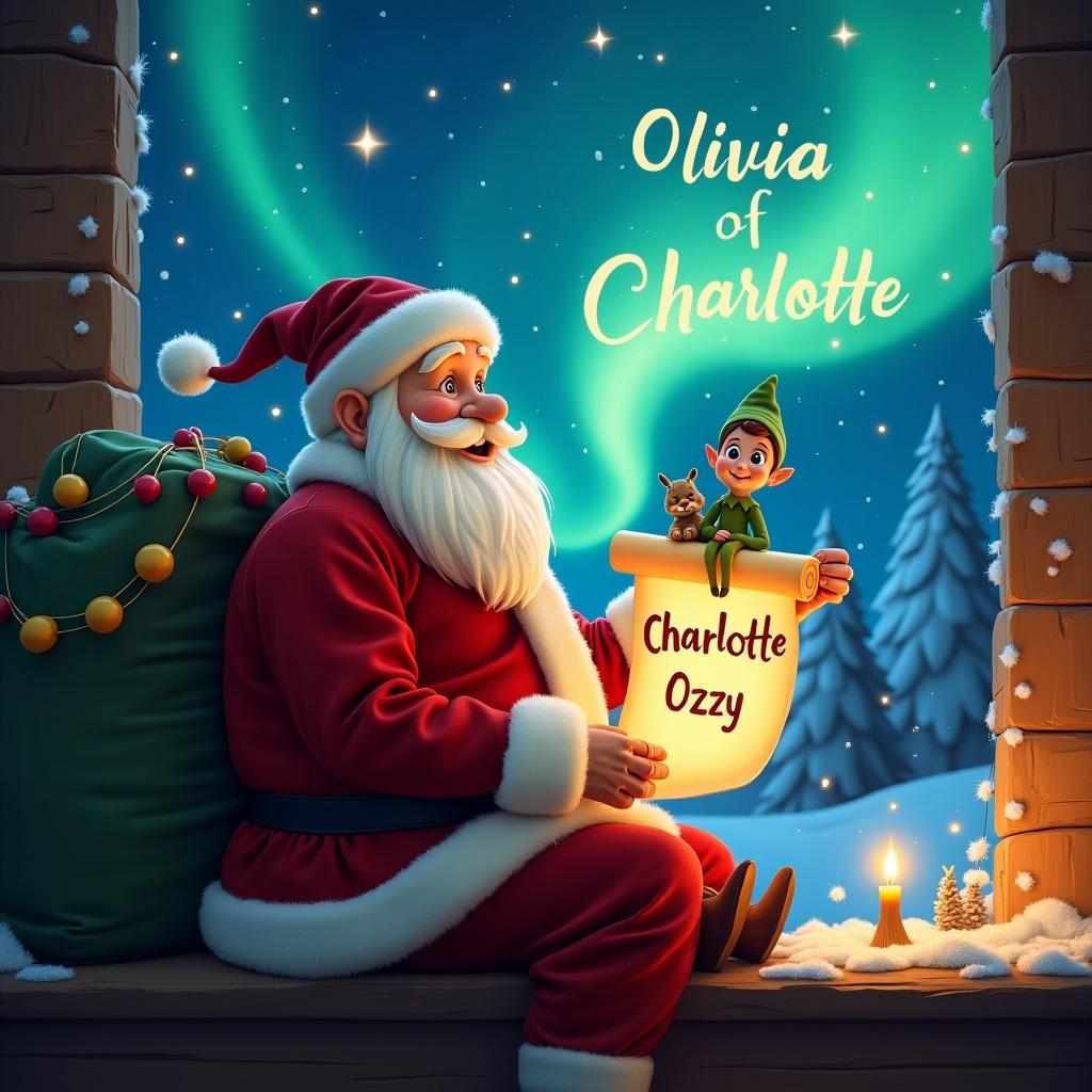 In a cozy winter scene, Santa Claus is sitting on a ledge with a joyful expression. He is holding a scroll that features the names Olivia, Charlotte, and Ozzy, as the northern lights swirl in the night sky. An elf sits beside him, adding a playful element to the scene. Christmas decorations are visible, enhancing the festive atmosphere. The background features snow-covered trees and a whimsical sparkle in the air, suggesting a magical holiday evening.