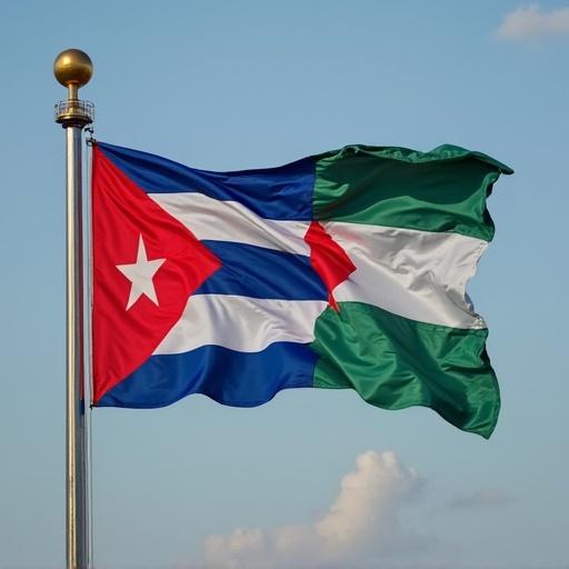 Cuban flag displayed next to Palestinian flag. Both flags visible in the image. Bright colors and clear details of the flags.