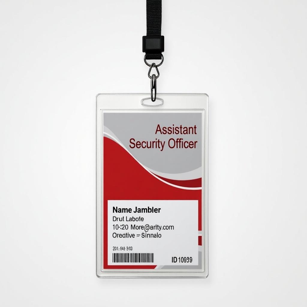 Image of an ID card for an Assistant Security Officer. Red and grey color scheme. Includes name and ID number. Lanyard attached for convenience.