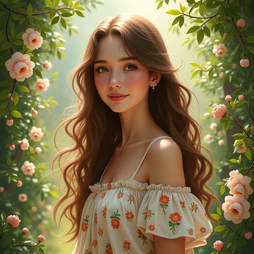 The image features a beautiful young woman named Isabella surrounded by lush greenery and delicate flowers. She has long, wavy hair and a gentle smile, wearing a floral dress that complements the natural setting. The soft, natural lighting creates a dreamlike atmosphere, illuminating her features and enhancing her natural beauty. The background is filled with blooming flowers and soft foliage, adding to the serene and enchanting mood of the portrait. This captivating image evokes feelings of warmth, peace, and romance, inviting viewers into a world of beauty and nature.