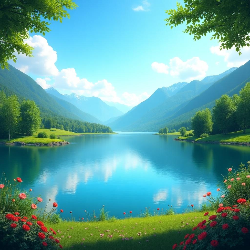 This image depicts a breathtaking landscape featuring a serene lake surrounded by majestic mountains. The lake reflects the clear blue sky, enhancing the tranquility of the scene. Lush green trees line the banks, creating a vibrant contrast against the water. In the foreground, colorful flowers bloom, adding a touch of nature's beauty. The overall atmosphere evokes peace and relaxation, making it a perfect depiction of natural landscapes.