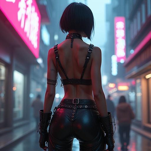 Character with short black hair wears hot pants and a dramatic outfit. Cyberpunk urban setting with neon lights and a foggy atmosphere. Street-level perspective focused on character.