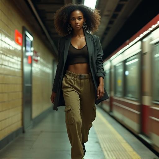 Tall Afro-Latina woman walks confidently in a metro station. She wears a cropped mesh top with a charcoal blazer and loose khaki trousers. Black platform loafers with silver detailing are on her feet. Bold geometric earrings and a metallic shoulder bag are her accessories. Neon signs illuminate tiled walls. Train rushes by in the background. The image has a moody cinematic style with high contrast and soft film grain.