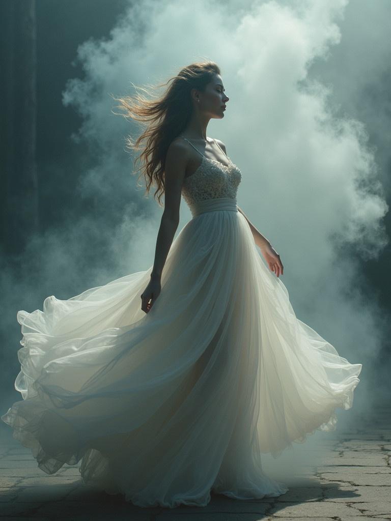 Wisps of smoke swirl around a feminine figure. The figure sways gracefully, wearing a flowing dress. The scene exudes a magical atmosphere.