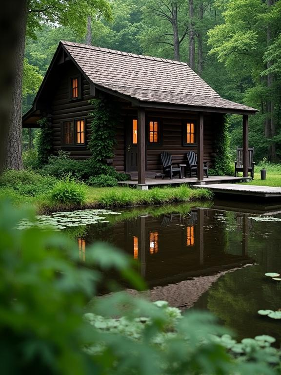 Log cabin with dark brown shingle roof next to calm water. Dense greenery surrounds the cabin. Two visible windows with dark shutters. Wooden door has small glass panes. Soft glow from upper-story window. Right side features covered porch with dark chairs and table. Green vines on porch railing. Rocking chair by entrance. Small wooden dock extends into water with an object. Water reflects cabin, trees, sky, with lily pads floating. Tall green trees and varied plants create a serene ambiance. Foreground has additional greenery, including ferns and blurred tree trunks.
