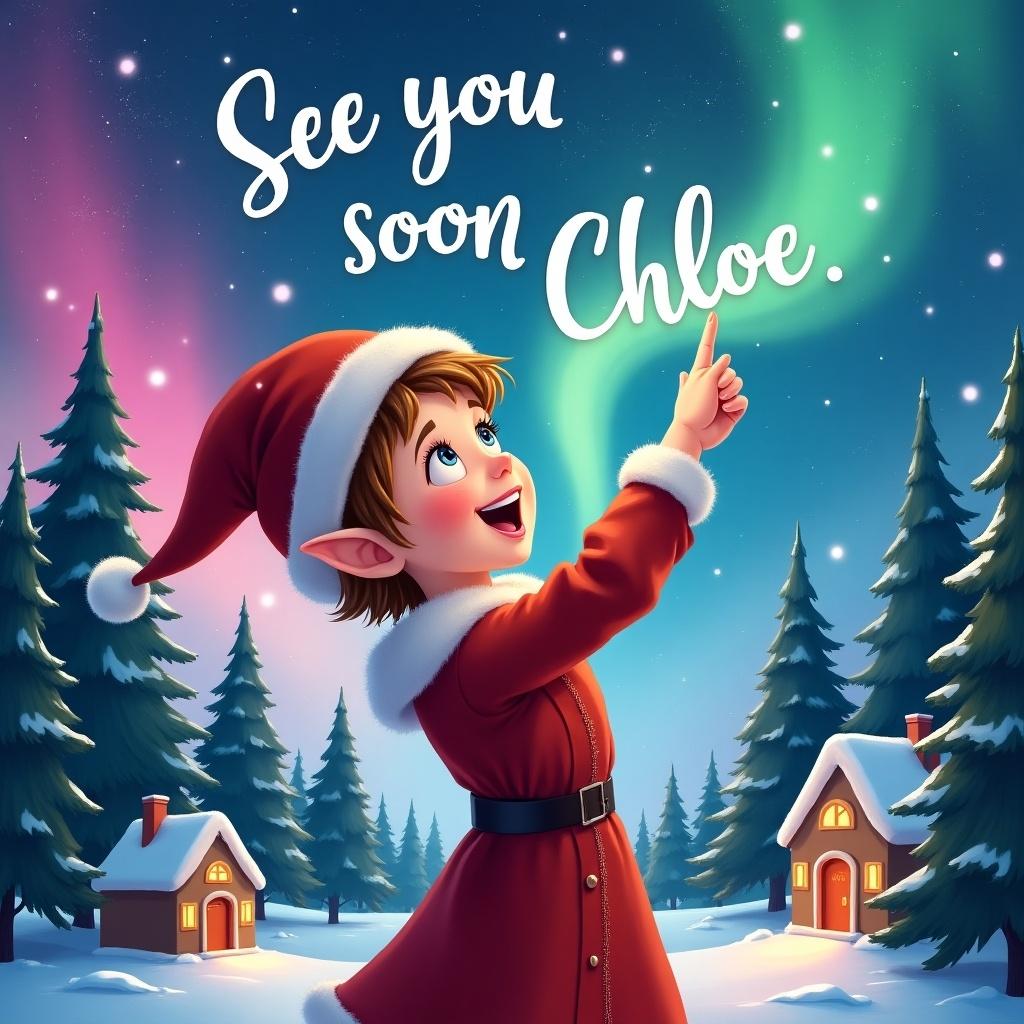 The image features a joyful elf girl with short hair in a festive Santa outfit. She is playfully pointing upwards in a vibrant night sky filled with northern lights. The enchanting lights glow in pink, blue, green, and purple hues, creating a magical scene. Her excited expression captures the wonder of the holiday season as she writes 'See you soon Chloe.' The background showcases a snowy landscape dotted with charming houses and tall evergreen trees, enhancing the winter atmosphere. This illustration radiates festive joy and whimsy, ideal for celebrating the holidays.