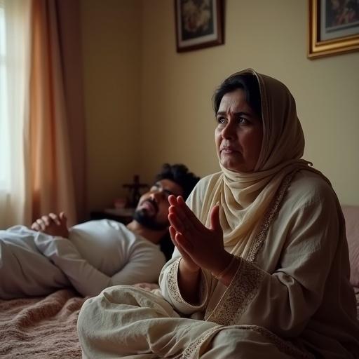 A Pakistani woman dressed in shalwar kameez and dupatta sits on the bed with hands raised in prayer. She shows hope and sadness while praying for a child. Her husband lies beside her, relaxed and supportive. The modest bedroom reflects Pakistani culture with soft lighting and decor.
