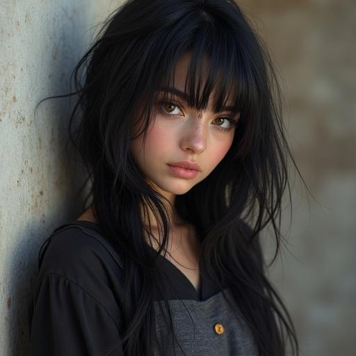 Charming girl with black eyes and long wavy hair of any color. Dressed in a short dark hoodie and long-sleeved shirt, short skirt, and tights. Fun, adventurous, sociable, and brave personality. Non-realistic representation.