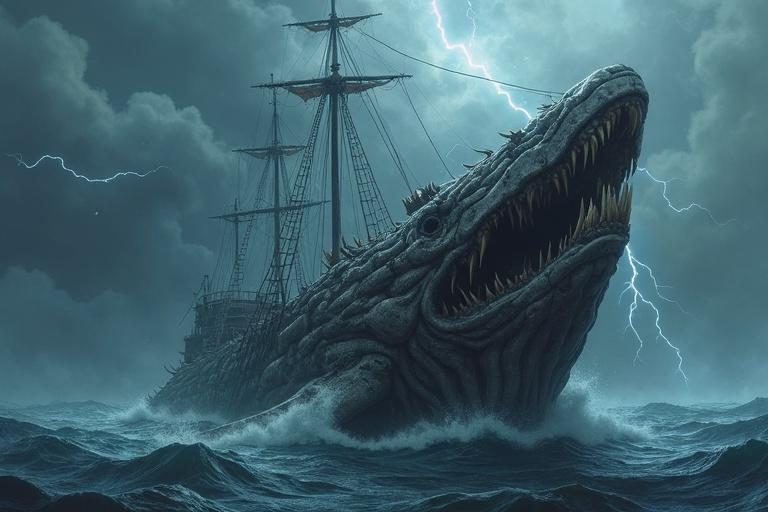 Dark fantasy illustration of a cursed undead pirate ship made of whale bones and gray wood. Lightning flashes in the background with heavy clouds.