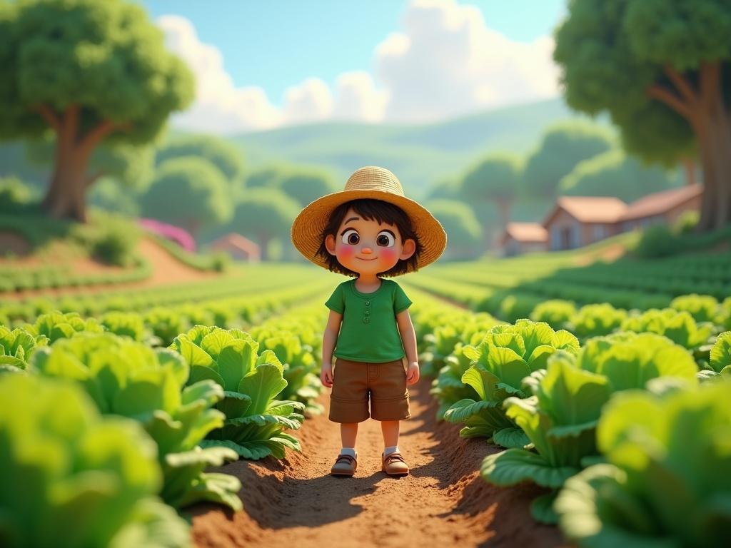 A vibrant 3D cinematic scene of Poppy on her cabbage farm. The farm shows lush greenery and rolling hills. Poppy wears a straw hat, a green shirt, and brown pants. She stands proudly in the cabbage rows with a smile. Sunlight filters through the trees and casts shadows. The scene has details like dewdrops on the cabbages, in 9:16 ratio, Ultra HD 4K.