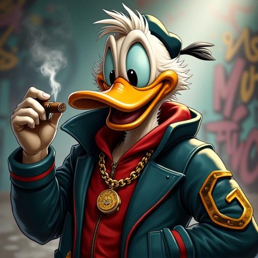 Young Scrooge McDuck character. Happy and handsome appearance. Smoking a cigar. Dressed in Gucci jacket with gold chain. Gold watch on wrist. Graffiti in background. Soft and shaded lighting. High detail.