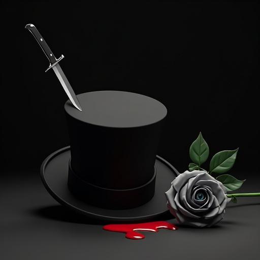 A black top hat sits on a dark surface. A knife is plunged into its side, dripping red liquid. A gray rose with a green stem is next to the hat. Dark background enhances the ominous atmosphere.