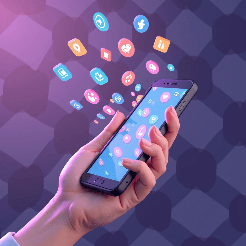 A hand holds a smartphone with social media icons floating around it against a purple background.