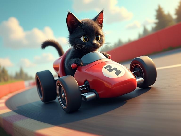 Realistic rendering of a young humanoid black cat driving a mini racing convertible on a track followed by Formula 1 cars.