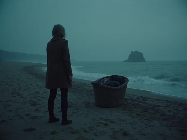 A moody beach at dusk features a classic German Strandkorb. Strandkorb is empty with a dark figure inside. Sea is misty in the background. Subtle police tape flutters in the wind. Pale silhouette of a woman stands in the foreground. Woman has a brooding expression. The scene evokes atmosphere and suspense.