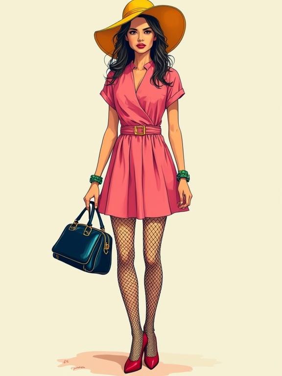 Illustration of young woman wearing pink dress and yellow hat. Accessories include green watches and dark shiny blue bag. Fishnet stockings and red high heels complete the look.