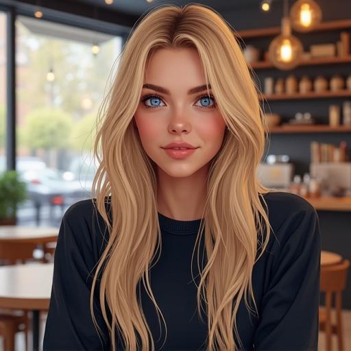 Digital illustration of young woman with long blonde hair in dark sweater. She has striking blue eyes and is seated in modern café. Background shows bookshelves and wooden furniture with cozy lighting. Large sign in soft focus enhances urban aesthetic.
