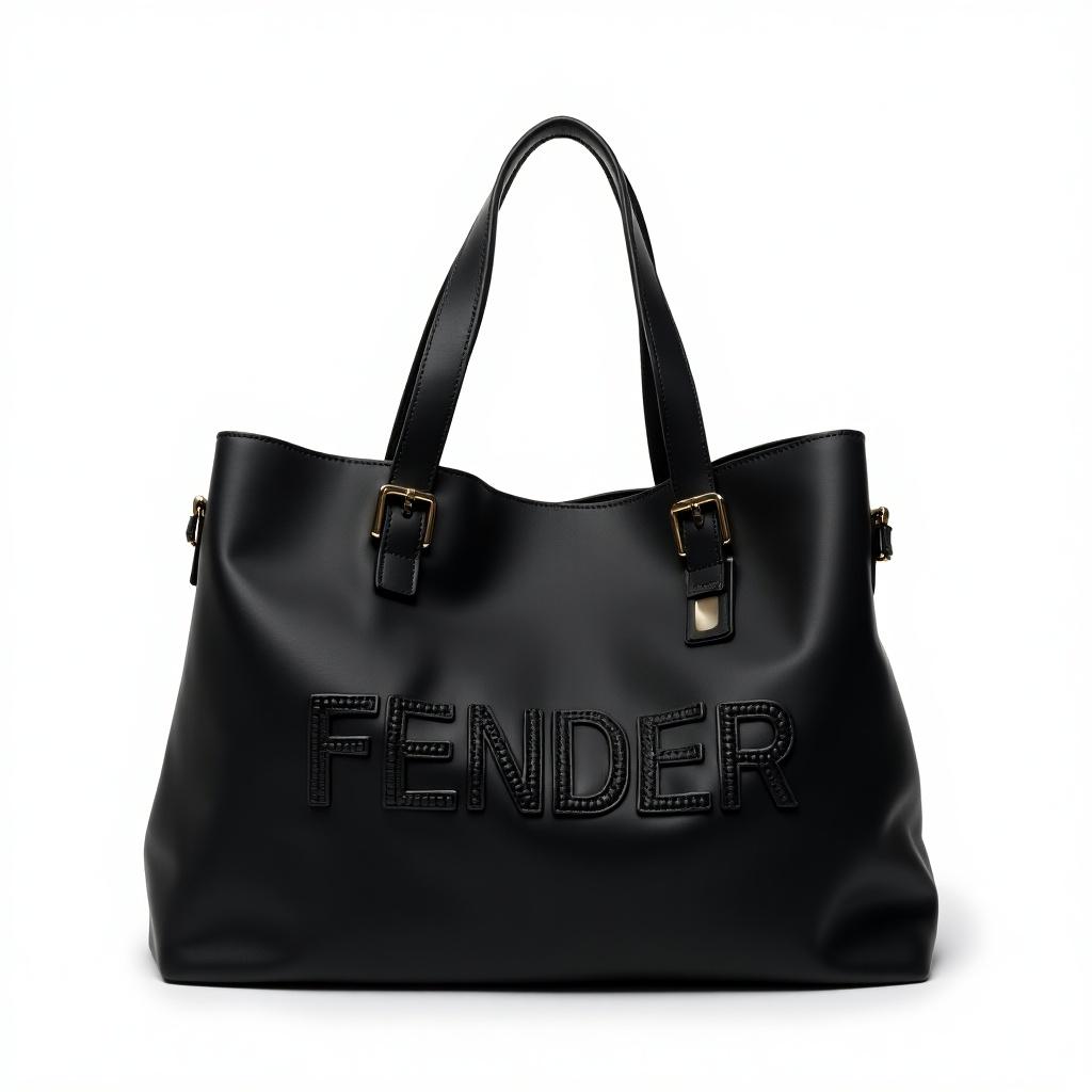 This image features an oversized black handbag that is both stylish and elegant. The bag prominently displays the embossed logo of the FENDER brand, showcasing its luxury appeal. It is set against a clean white background, enhancing its sleek design. The handbag is made of high-quality material, emphasizing durability while maintaining a chic look. Its size makes it perfect for everyday use or formal occasions, appealing to fashion-forward individuals.