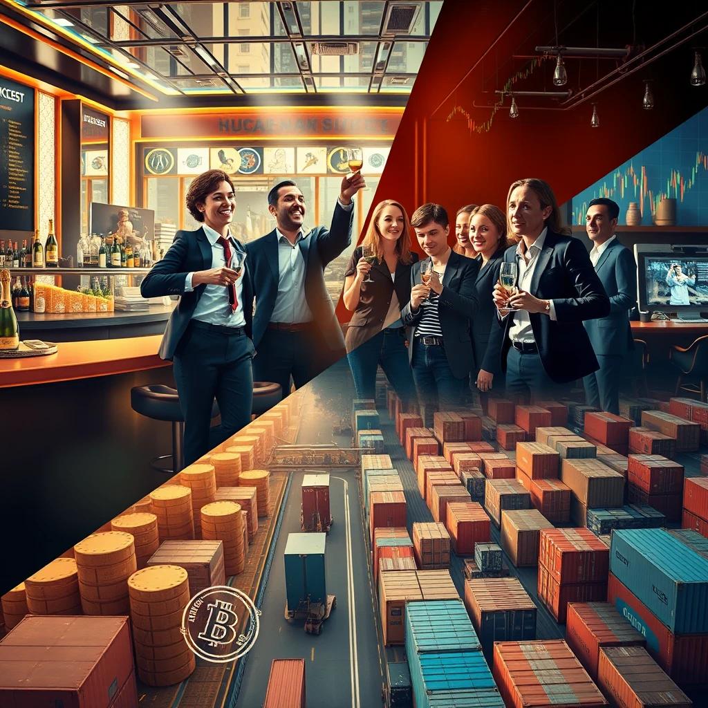 The image contrasts a lively group celebrating in a stylish bar with vibrant containers symbolizing commerce and trade.