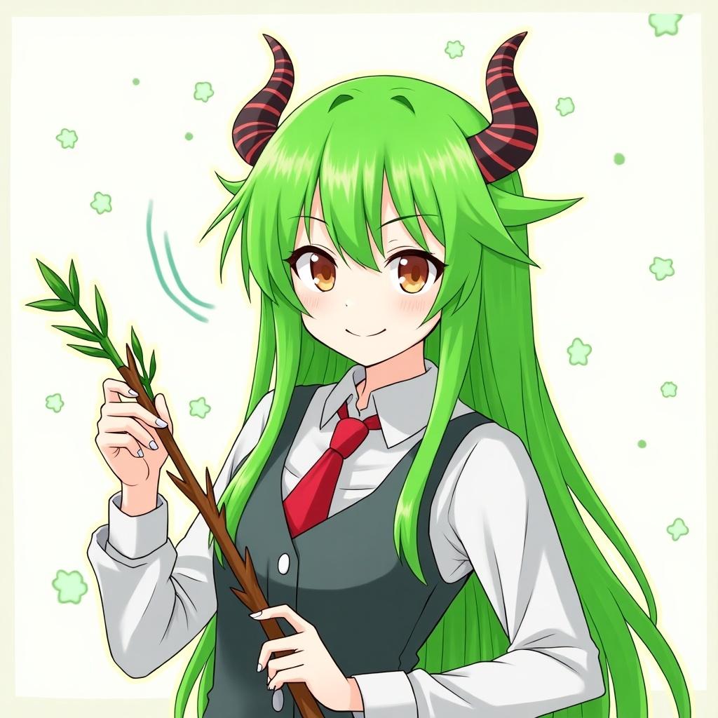 A vibrant anime-style character with long green hair and horns holding a branch