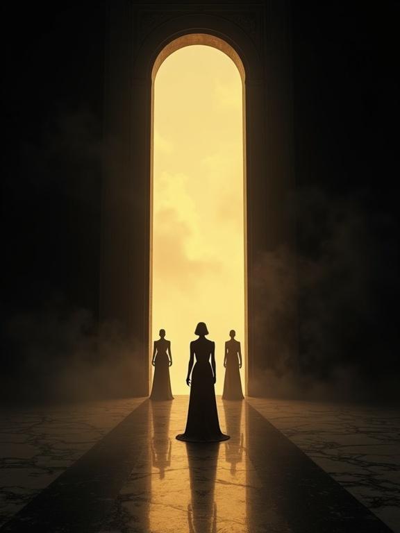 Elegantly dressed figures linger at the threshold of an expansive black archway. One shadowed figure steps back caught between light and dark. The flicker of gold from beyond tempts bravery. Tension centers on choice resist or step into hard things. Cinematic dark luxury soft black and gold contrast with spotlight lighting deep shadows and marble textures. Atmospheric fog with rich color grading shot with 35mm lens.