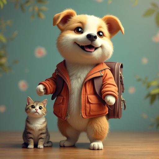 realistic dog wearing an orange jacket standing beside a small cat in a delightful setting