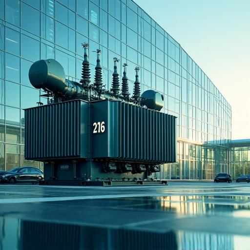 Futuristic high-efficiency transformer in a clean energy context. Modern smart building in background featuring year 2026. Bright image showcasing blue and green design tones. Photorealistic depiction.