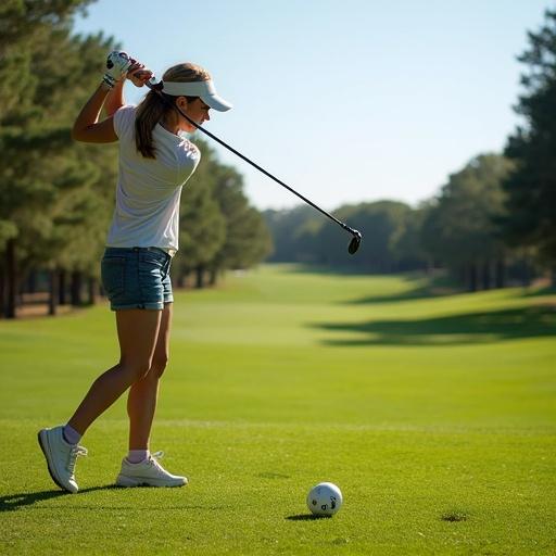 A woman is demonstrating a golf swing. The scene is a sunny day on a lush green golf course. The focus is on the golfer's posture and swing technique. She wears casual golfing attire. The environment is serene and well-lit.