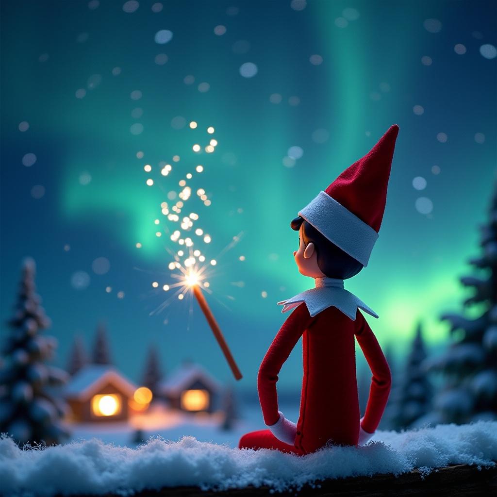 This image features an elf on the shelf sitting quietly with his back to the viewer. The elf is wearing a classic red and white outfit and is holding a wand that emits sparkling light. The background is filled with a magical Christmas atmosphere, showcasing the northern lights dancing in the sky. Soft snow covers the ground, and quaint houses are softly glowing in the distance. The elf seems to be writing the names 'Thomas' and 'Louis' in the sky with the wand, adding a personal touch to the enchanting scene.