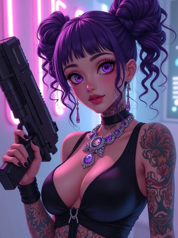 Futuristic anime woman with amethyst purple eyes. Elegant streetwear features Louis Vuitton prints. Curly oversized pigtails colored amethyst purple. Holds a black hole energy powered laser gun. Surrounded by a luxurious illegal drugs factory. Summer morning in Miami. Tattooed body with vibrant designs.