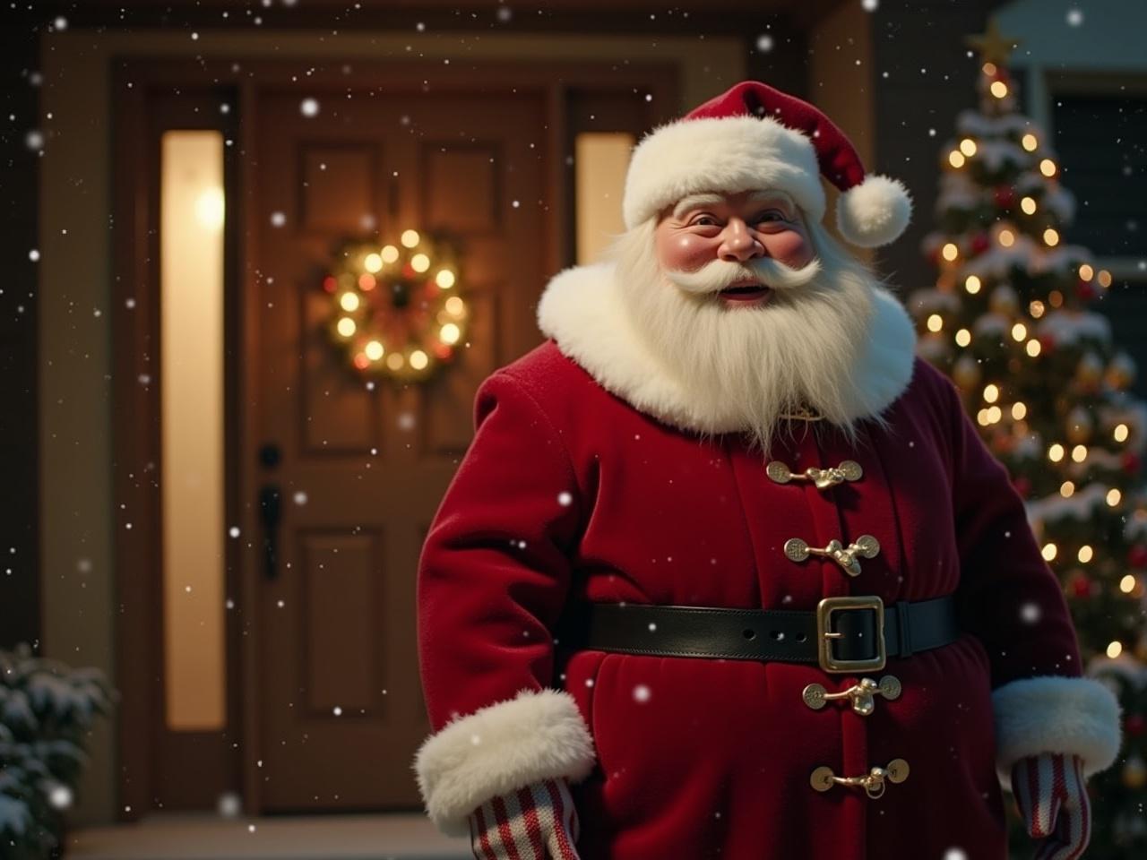 The image depicts a large, jolly figure standing in front of a door, dressed in a festive red coat with white fur trim and a matching Santa hat. The figure is holding a small bag in one hand and appears to be in a winter scene, with soft snowflakes falling around. Behind the figure is a cozy home entrance illuminated with warm light, creating a welcoming atmosphere. A decorated Christmas tree with twinkling lights can be seen in the background, enhancing the festive feeling of the scene. The overall mood is cheerful and holiday-themed, capturing the spirit of Christmas.