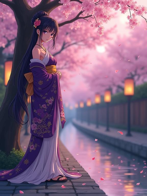 Highly detailed Japanese anime-style illustration featuring a full-body elegant woman in a kimono under a cherry blossom tree at twilight. The scene captures tranquility with a gentle stream and falling sakura petals. The woman has long dark violet hair styled intricately with floral ornaments. She wears a rich purple kimono and a golden obi, standing composed against the tree with violet eyes reflecting twilight. The background includes illuminated cherry trees and stone paving.