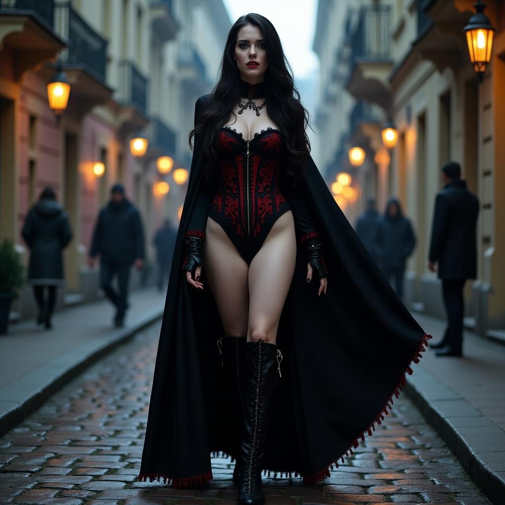 Full-length portrait of a young Romanian vampire woman standing in the moonlit streets. She has porcelain skin that glows under the moonlight. Her black hair has crimson highlights. Her red eyes with gold flecks pierce through the darkness. Swirling crimson energy surrounds her. She wears a black corset with red embroidery and a flowing cloak. Her gloves have metallic tips and she wears knee-high black boots. The background shows historic Bucharest streets.