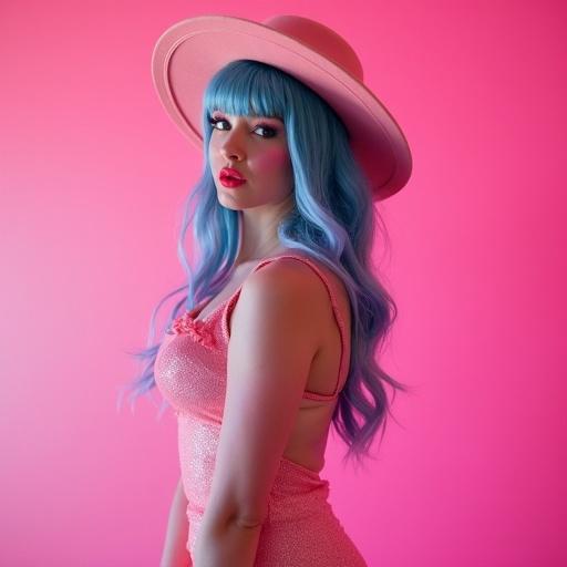Glamorous portrait photo featuring a person in a pink outfit and pink hat. Person has blue hair. Background is pink. Soft lighting used. Shot with 35mm film style and chiaroscuro technique.