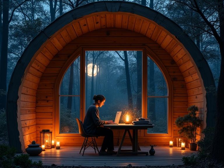 A creative workspace in a cabin surrounded by a magical forest. Night scene with tall trees illuminated by a full moon. Interior features rustic wooden walls and warm candlelight. An individual works at a wooden table with a laptop, wearing a thick sweater and a low ponytail. The table has books and a vintage lamp.