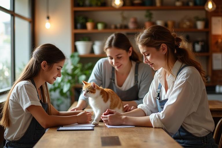 Spacious cat cafe with young women visitors. The scene includes an orange and white cat. The mood is cozy and inviting. The environment has warm lighting and a relaxed atmosphere.