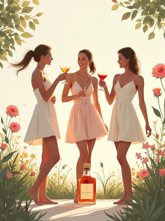 Minimalistic screen printing artwork of three women in a luxury garden. They toast with cocktails. Women wear silky short skirts. An apothecary-style bottle labeled 'ALFRUNO' displayed prominently. Natural floral elements around them.