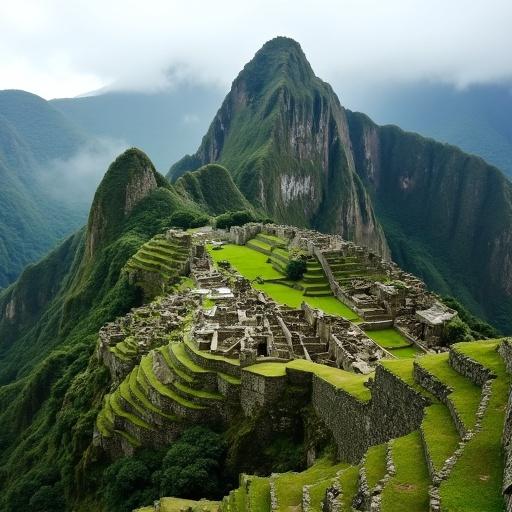 Landscape shot presents Machu Picchu. Ancient stone city rests on misty mountain. Ruins show evidence of a lost civilization. Surrounded by lush green jungle. Stepped terraces and engraved temples visible. Evokes historical significance.