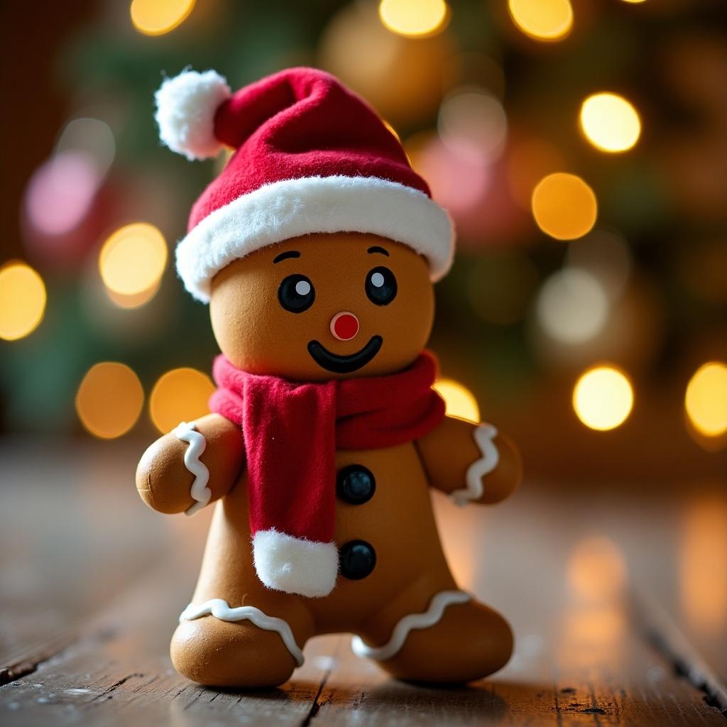 Gingerbread man figure wearing a Santa hat and scarf. Background features holiday decorations. Soft lights create a magical Christmas atmosphere.