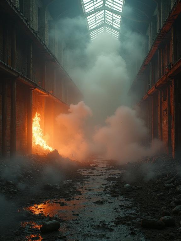 Photorealistic scene in a dilapidated warehouse. Dust flies in the air with a thick atmosphere of smoke. Flames dance on the walls and engulf the scene with a scent of gunpowder.
