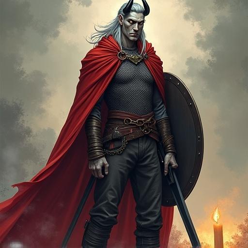 Comic-book-style digital illustration portraying a male tiefling with gray skin and amber eyes. Character has long silver hair in a ponytail. Features curved black horns and scars on cheekbones. Wears chainmail, red cloak, has a longsword and shield. Non-photorealistic style with soft cel shading and textured details. Warm candlelight ambiance.