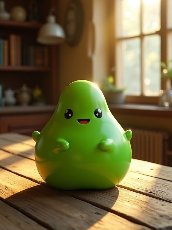 Cheerful bright green blob with smile sits on rustic wooden table. Cozy room warmly lit. Soft sunlight filters through window. Gentle shadows across wood surface. Background features books and vintage lamp.