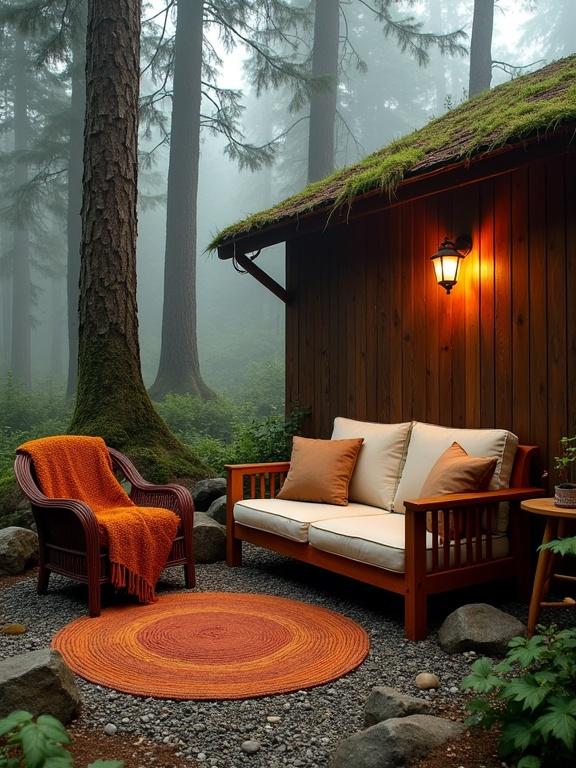A serene cozy outdoor seating area. A rustic wooden cabin in a misty forest. Soft warm light from a wall lamp. Light beige sofa with throw pillows and a burnt orange blanket. A deep reddish-brown armchair with a throw blanket. Round rug in various shades of orange placed on pebbled ground. Tall forest trees surround the scene.